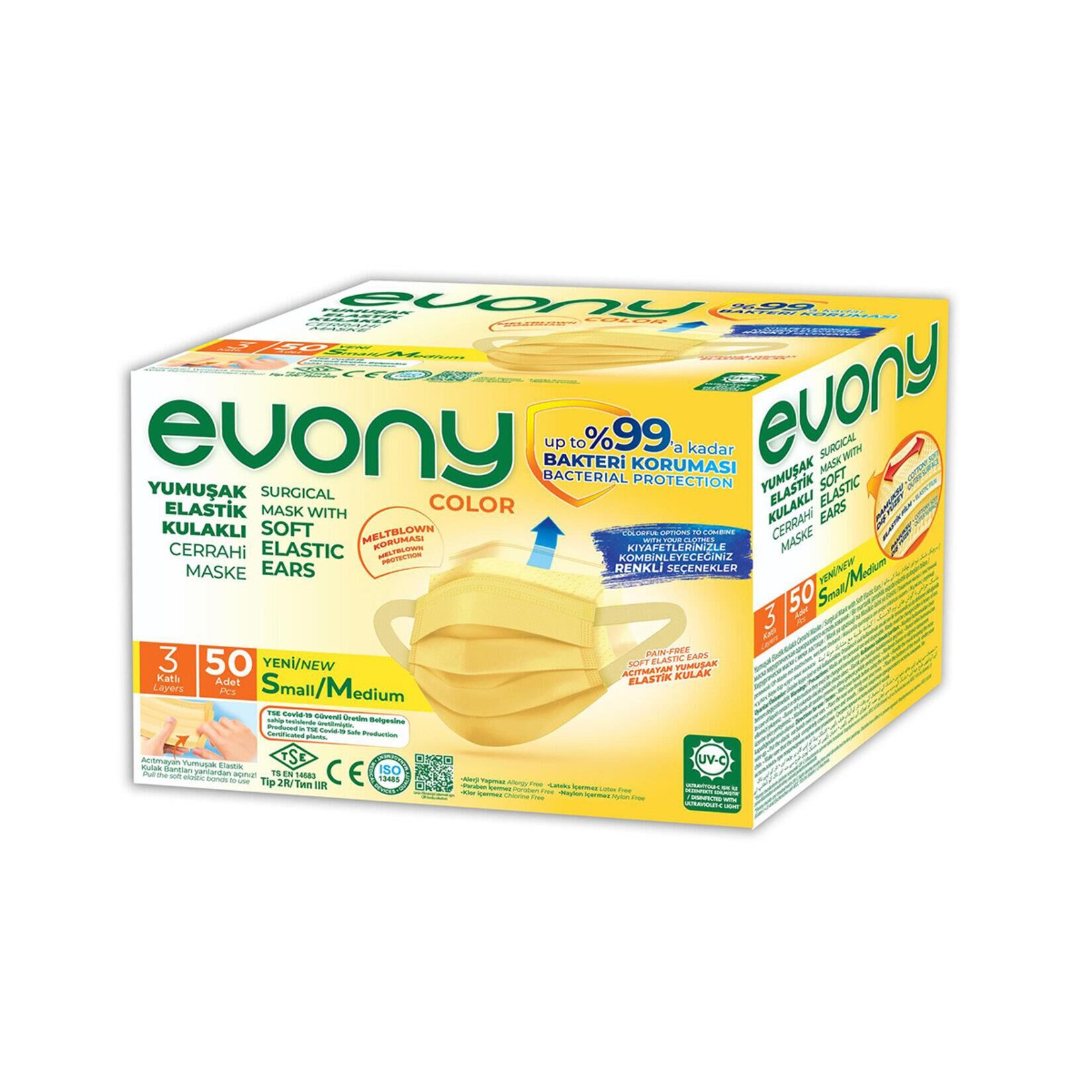 EVONY CERRAHİ MASKE 50Lİ SARI RENKLİ SMALL/MEDİUM