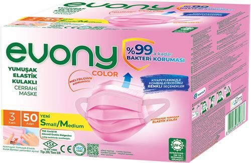 EVONY CERRAHİ MASKE 50Lİ PEMBE RENKLİ SMALL/MEDİUM