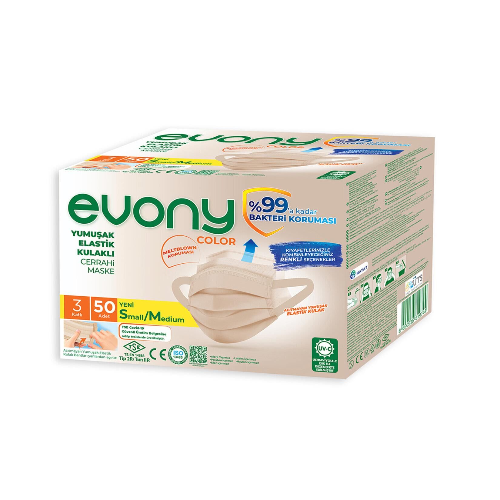 EVONY CERRAHİ MASKE 50Lİ BEJ RENKLİ SMALL/MEDİUM